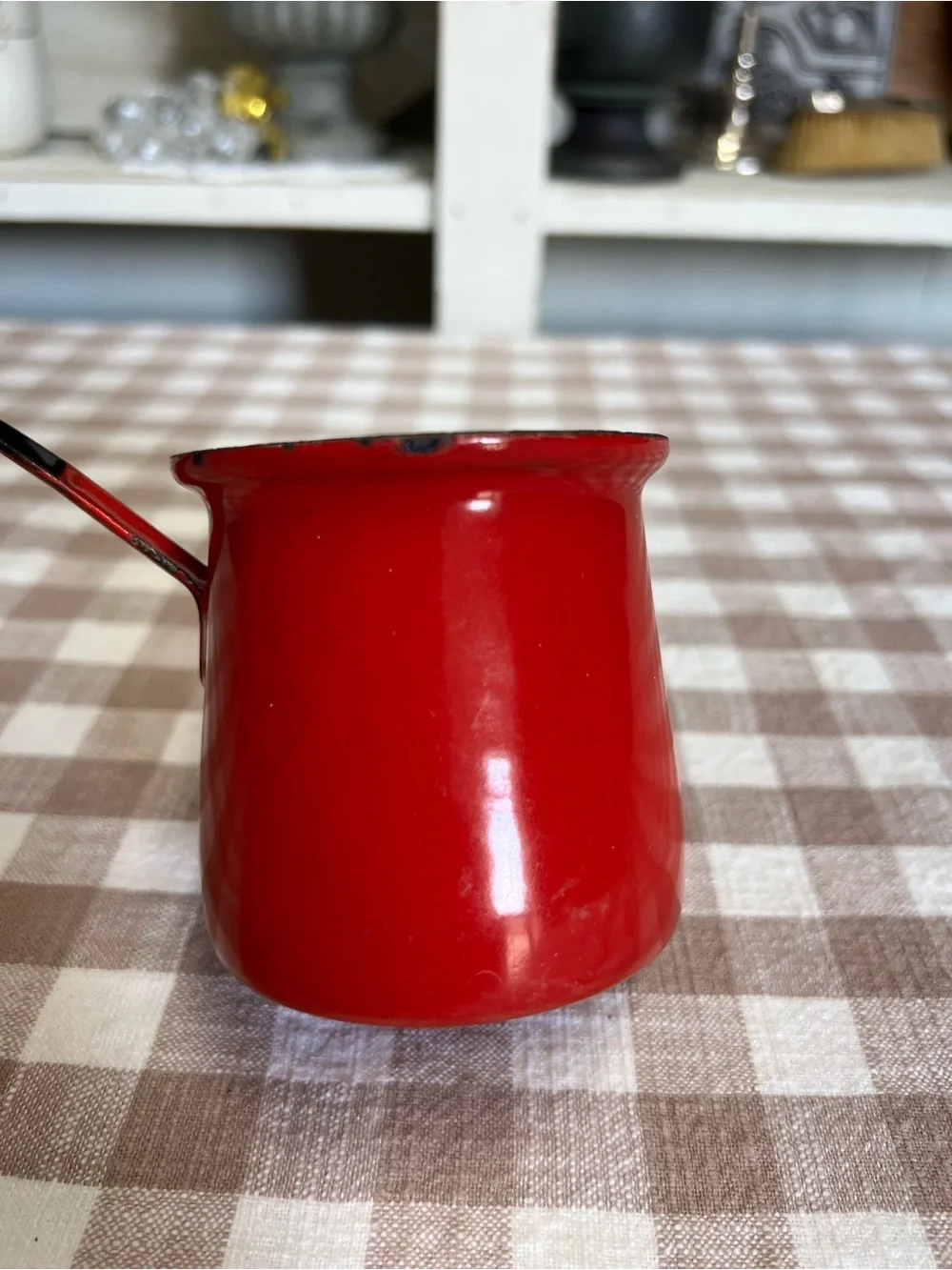 Vintage Hong Kong coffee briki melting pot ladle red black white enamel